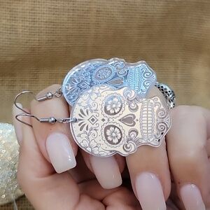 SUGAR SKULL SILVER MIRROR EARRINGS